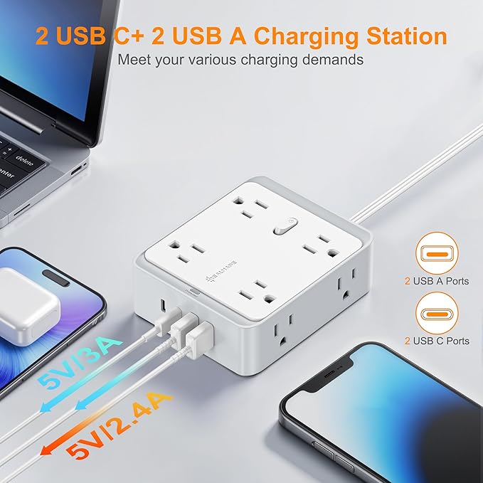 Surge Protector Power Strip, REALMADE 8 AC 4 UAB Power Strip with 950J Surge Protection, Flat Plug Outlet Extender, 10Ft Extension Cord, Wall Mount Desk Charging for Home Office， White & Gray