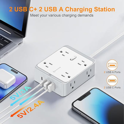 Surge Protector Power Strip, REALMADE 8 AC 4 UAB Power Strip with 950J Surge Protection, Flat Plug Outlet Extender, 10Ft Extension Cord, Wall Mount Desk Charging for Home Office， White & Gray