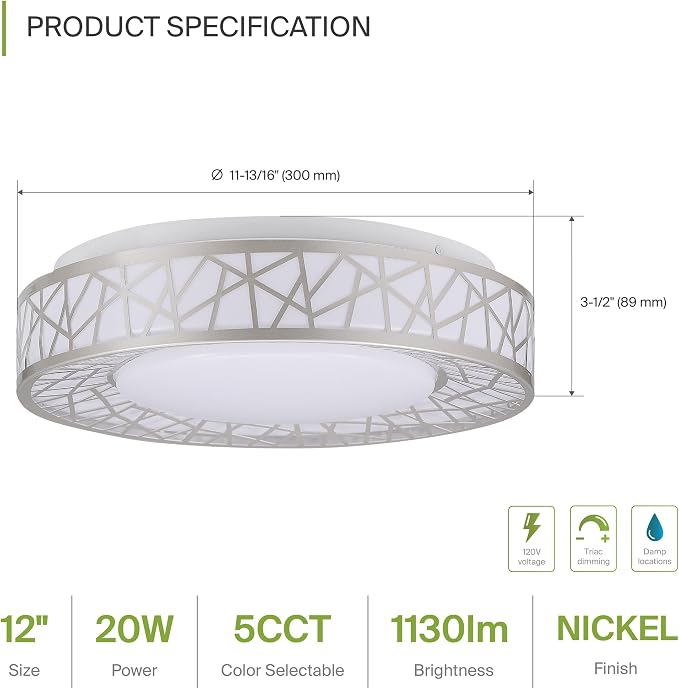 ASD 12 Inch LED Flush Mount Ceiling Light Fixture for Bedroom, 20W 1130LM 5CCT 2700K-5000K, Triac Dimmable Lights, Dining, Living Room, Kitchen Lamps, Modern Home Lighting Fixtures, Nickel, ETL