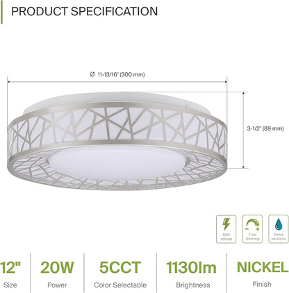 ASD 12 Inch LED Flush Mount Ceiling Light Fixture for Bedroom, 20W 1130LM 5CCT 2700K-5000K, Triac Dimmable Lights, Dining, Living Room, Kitchen Lamps, Modern Home Lighting Fixtures, Nickel, ETL
