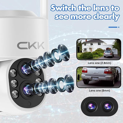 CKK 2MP Dual Lens Camera,Wireless WiFi 2.4/5GHz Outdoor Security Cameras Plug&Play for 10X Zoom Pan&Tilt 360°,AI Motion Detection/Light Alarm, 24/7 Recording, Work w/Alex