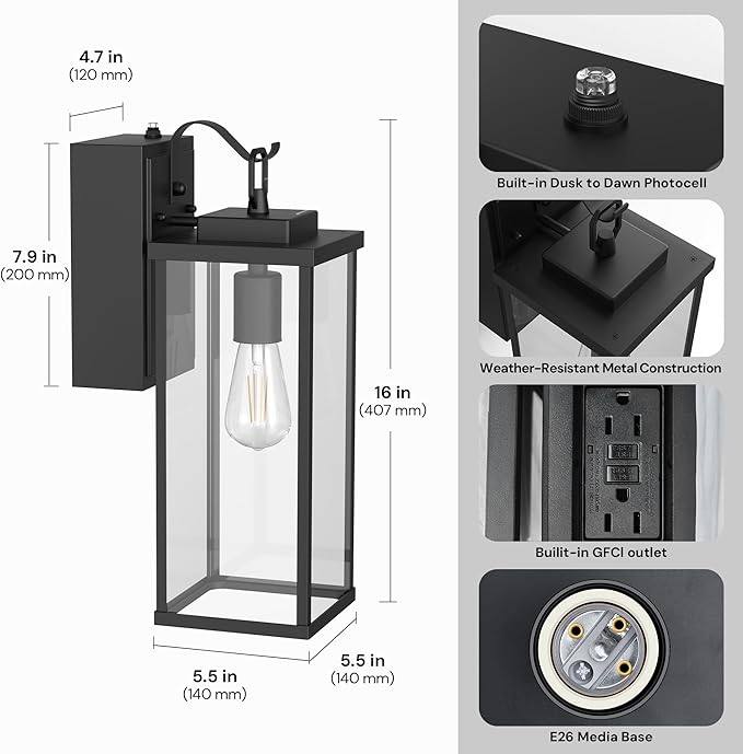 L LOHAS LED Upgraded Dusk to Dawn Outdoor Wall Lights with GFCI Outlet, 17 Inch Matte Black Waterproof Anti-Rust Outdoor Light Fixtures with Clear Glass, Exterior Light Fixtures for Porch, Garage, ETL