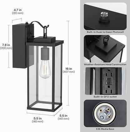 L LOHAS LED Upgraded Dusk to Dawn Outdoor Wall Lights with GFCI Outlet, 17 Inch Matte Black Waterproof Anti-Rust Outdoor Light Fixtures with Clear Glass, Exterior Light Fixtures for Porch, Garage, ETL