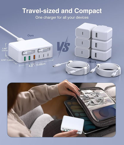 2026 Latest USB C Charger Block, 8 in 1 GaN Retractable Charger Station Hub with Lightening & Type C Cable, 120W Travel Essential Multi USB C Power Strip Plug for iPhone 17 16 15 Pro Max iPad Galaxy