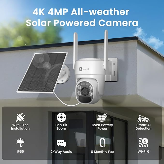 xmartO Wire-Free Solar Security Camera Outdoor Wireless, 4MP 2K QHD PTZ AI Tracking Security Camera, 5G Dual Band WiFi6, 8700mAh Battery, All-Weather Solar Charging, WiFi6 Long Range, No Monthly Fees