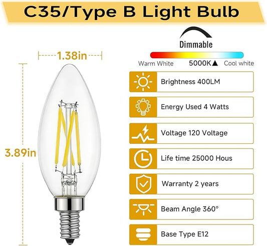Type B/B11 E12 LED Filament Bulb, 4W/40W Equivalent 5000K Cool White – Clear Glass, Dimmable, Ideal for Chandeliers, Ceiling Fans & Modern Lighting, 6-Pack