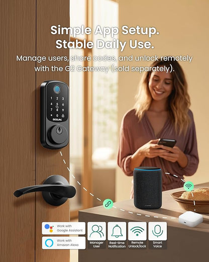 DESLOC B200 Fingerprint Smart Lock with 2 Lever Handles, Keyless Entry Front Door Lock Set, Electronic Keypad Deadbolt, App Control, Auto Lock, Long Battery Life,Matte Black