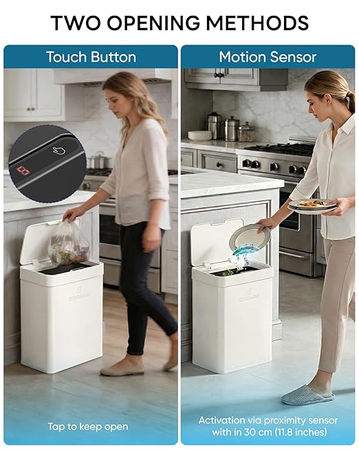 13 Gallon / 50L Touchless Automatic Trash Can, Slim Motion Sensor Kitchen Garbage Can, Stainless Steel, Soft Close Lid, Fingerprint Resistant, Hands-Free, Odor Control, White