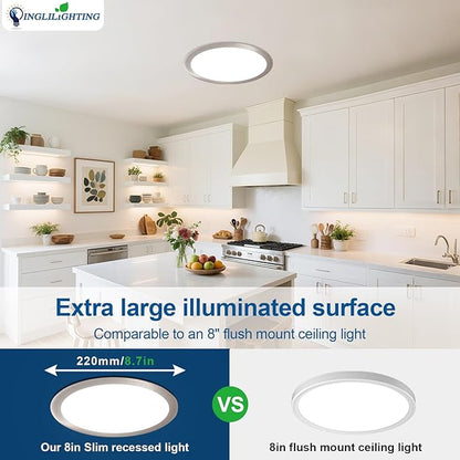 DLLT LED Recessed Ceiling Lights: 12 Pack 3 Inch 5CCT Ultra-Thin Lighting with Junction Box for Bedroom - 600LM Brightness 6W Eqv 50W Dimmable Canless Wafer Downlight with ETL&FCC-Nickel Brush