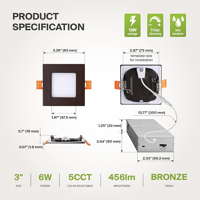 ASD 3 Inch Ultra Thin LED Square Recessed Lighting Oil Rubbed Bronze with 5 Color Temperatures, Dimmable, IC Rated, 456Lm Brightness