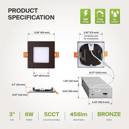 ASD 3 Inch Ultra Thin LED Square Recessed Lighting Oil Rubbed Bronze with 5 Color Temperatures, Dimmable, IC Rated, 456Lm Brightness