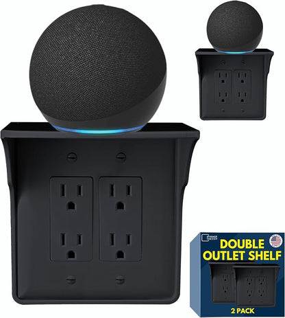Power Perch Double Outlet Shelf Organizer for Alexa Echo Dot Speakers, Phone - Wall Outlet Holder with Cord Storage Strap - Socket Shelf Bathroom Kitchen Counter Charging Station - Black 2 Pack