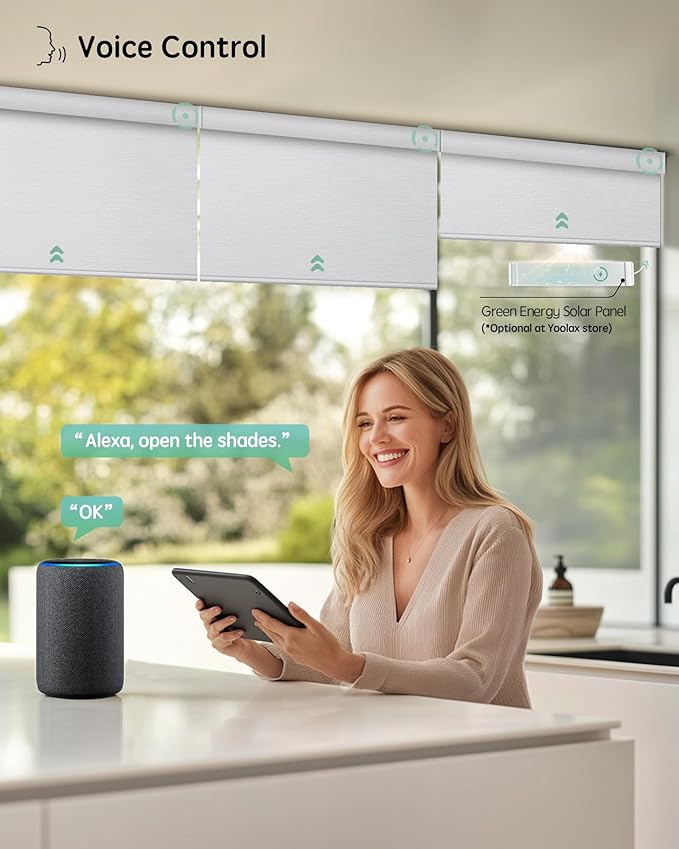 Yoolax Motorized Blinds with Remote, Designer Smart Blinds Work with Alexa, Google, Apple Homekit, 100% Blackout Motorized Shades Custom Electric Shades Voice Control (V- Shimmer Meteor White)