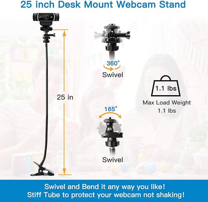 Pipishell 25 Inch Webcam Stand, Flexible Desk Mount Clamp Gooseneck Stand for Logitech Webcam C960 C930e C930 C920 C920S C922x C922 Brio 4K C925e C615 and Other Devices with 1/4" Thread-PIWS01