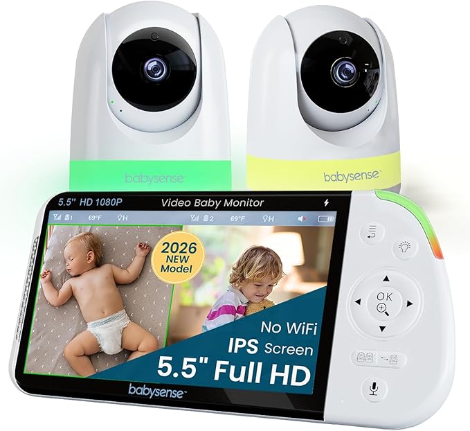 Babysense PRO Full HD 5.5" Split Screen Baby Monitor with 2 Cameras, 6-Color Night Light, White Noise, Sound & Light Machine, 20-Hour Battery, Hack-Proof Non-WiFi Secure Connection