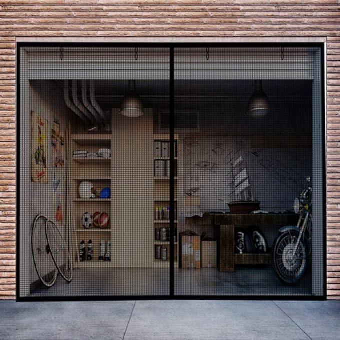 Garage Door Screen 1 Car - 12x8 Ft Magnetic Closure Heavy Duty Weighted Bottom Screen Self Sealing Fiberglass Mesh Retractable Net - Easy Assembly & Pass-Through(Black)