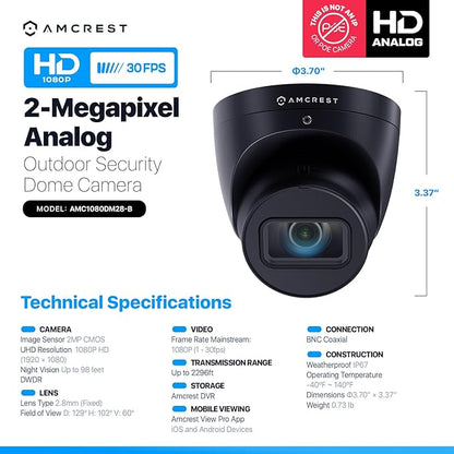 Amcrest Analog Outdoor Security Camera, Dome 2MP 1080P @ 30fps, Quadbrid HD-CVI/TVI/AHD, 98ft Night Vision, IP67 Metal, 129° FOV, Black (Not an IP Camera) (DVR Required, Not Included) (AMC1080DM28-B)