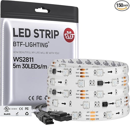 BTF-LIGHTING WS2811 Addressable RGB LED Strip 16.4FT 150LED DC12V IP65 | 50Pixels IC=RGB+IC UL Listed White PCB Flexible Chasing Effect for Indoor Home Decor,3M Tape(No Adapter or Controller)
