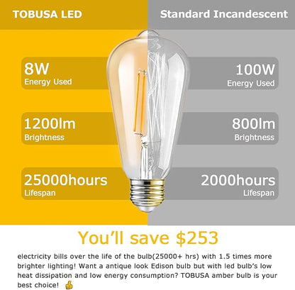 TOBUSA Dimmable LED Edison Light Bulbs 100W Incandescent Equivalent, Vintage Light Bulb 2700K Warm White(Amber Glass), ST64/ST21 LED Filament Bulbs 8W 1200LM, E26 Edison Bulb for Home, Reading 4-Pack