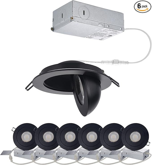 POPANU Gimbal LED Recessed Light - 4 Inch Black 9W 360° Rotation Directional Adjustable Eyeball Sloped Ceiling Recessed Lighting 4 inch Light Wafer Soffit Indoor Spotlight Canless Black 4 inch 6 Pack