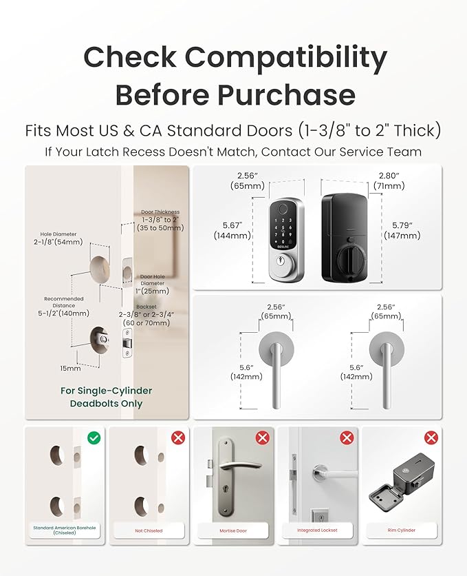 DESLOC B200 Fingerprint Smart Lock with 2 Lever Handles, Keyless Entry Front Door Lock Set, Electronic Keypad Deadbolt, App Control, Auto Lock, Long Battery Life,Silver