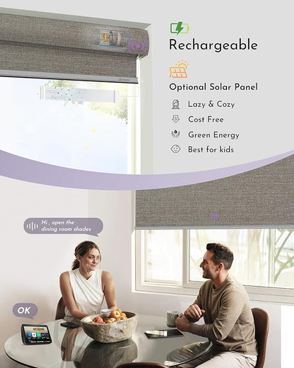 Graywind Motorized 100% Blackout Roller Shades Work with Alexa Google via Hub Window Blinds Remote Control Rechargeable Battery Motor with Valance for Smart Home and Office (Grey Brown)