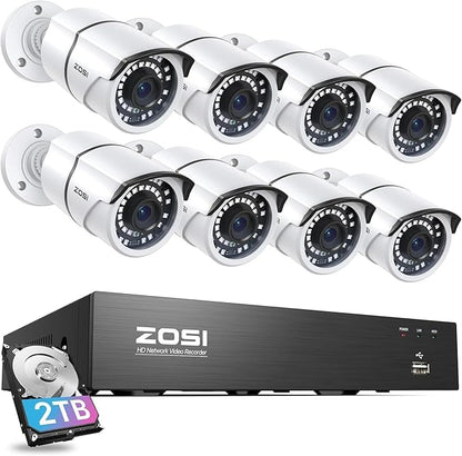 ZOSI 4K PoE Home Security Camera System with 2TB HDD, 8pcs 5MP Weatherproof Outdoor Indoor Metal Cameras, 120ft Night Vision, Person Vehicle Detection, 8 Channel 8MP NVR Recorder for 24/7 Recording