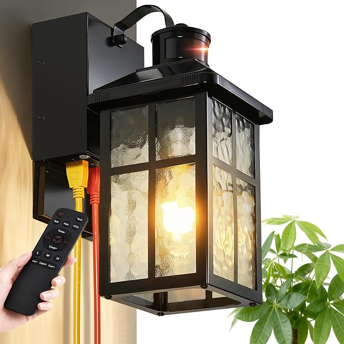 Porch Light with Outlet and Remote Control - Plug in Outdoor Wall Lights with GFCI Exterior Lighting Fixtures Adjustable 3 Sensitivity Levels and 1-10min Delay for Porch, Patio, Entryway(Black)