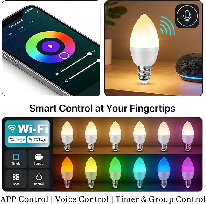 4 Sets E14 5W RGBCC smart Light Bulbs with Adjustable Color Temperature Compatible with Alexan Google Assistant, 14MM Small Base Candle Light Suitable for Parties or Home Decoration