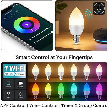 4 Sets E14 5W RGBCC smart Light Bulbs with Adjustable Color Temperature Compatible with Alexan Google Assistant, 14MM Small Base Candle Light Suitable for Parties or Home Decoration