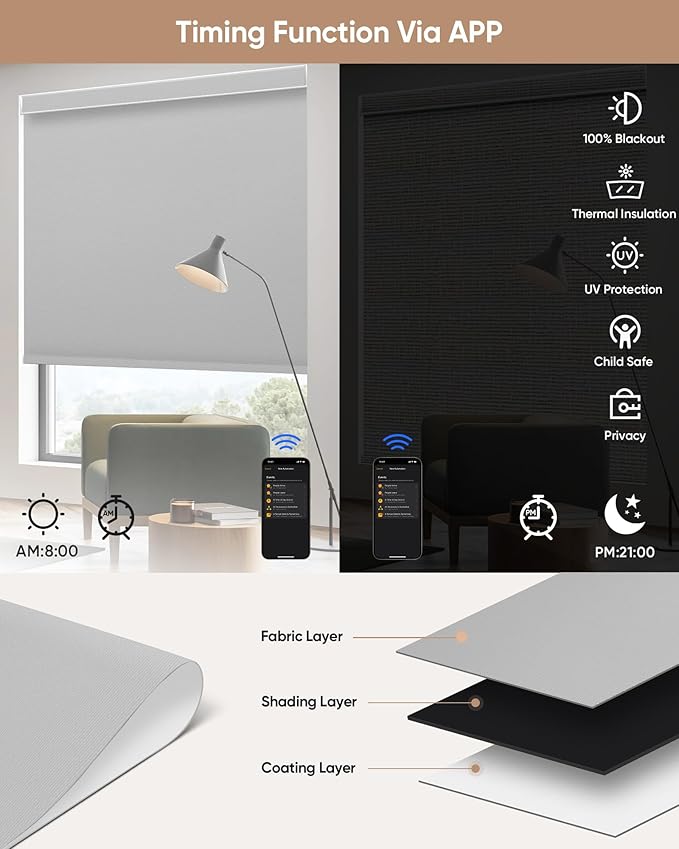 Motorized Blinds with Remote: Kincmo 100% Blackout Roller Shades Work with Apple Homekit,Alexa,Google Home, Customized Electric Blinds with App,Voice Control (100% Blackout Pure Light Grey)