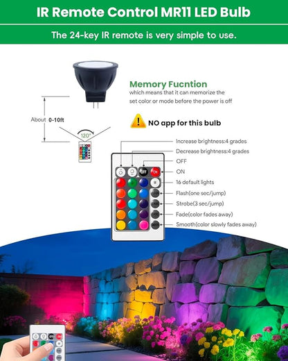 RGB MR11 LED Bulbs Color Changing, GU4 Bi-pin Base, Warm White+15 Multicolors and 4-Level Brightness on Remote Control, 12V MR11 Halogen Bulb Replacement