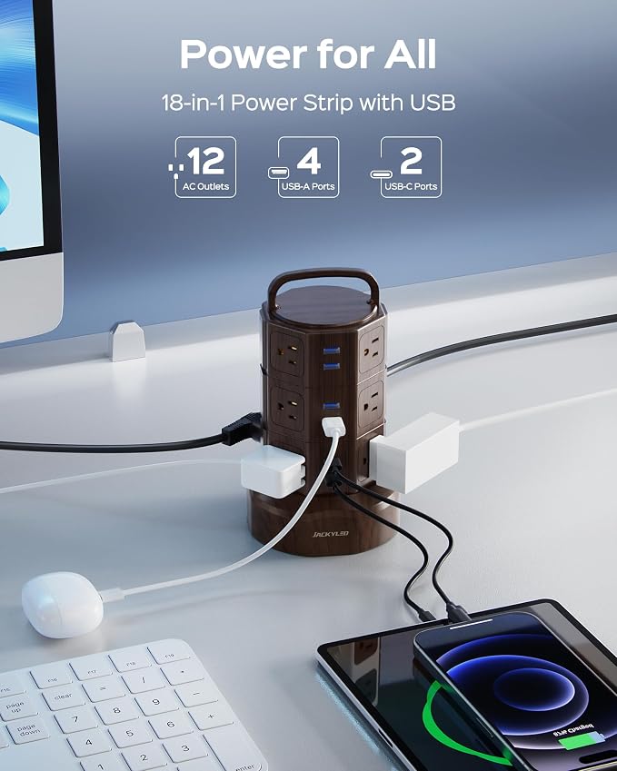 JACKYLED Power Strip Tower Surge Protector, 12 AC 6 USB (2 USB C), 1050J | 6.5Ft Retractable Extension Cord with Multiple Outlets, 1625W/13A Outlet Extender, USB Charging Station for Home Office Dorm