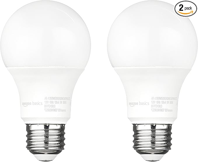 Amazon Basics A19 Dusk to Dawn Sensor LED Outdoor Light Bulbs, 60W Equivalent, Energy-Efficient 9W, Daylight 5000K, E26 Base, Auto On/Off, Porch, 10,000 Hours, 2-Pack