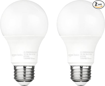 Amazon Basics A19 Dusk to Dawn Sensor LED Outdoor Light Bulbs, 60W Equivalent, Energy-Efficient 9W, Daylight 5000K, E26 Base, Auto On/Off, Porch, 10,000 Hours, 2-Pack