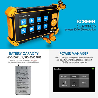 Rsrteng HD-3100C CCTV Tester HD Coaxial 4K 8MP TVI/CVI/AHD/CVBS Camera Tester with Cable Tracer 5 inch TFT-LCD Screen Monitor 5 in 1Support Support RS485 Audio HD VGA DC12V Output PTZ Control