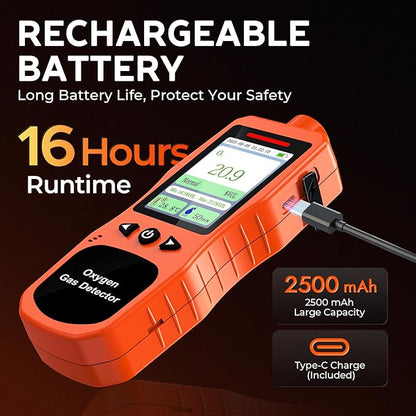 Portable Oxygen Detector, Rechargeable O2 Monitor with Sound, Light, Vibration Alarms, Oxygen Air Quality Meter Measures Temperature & Humidity for Indoor Outdoor Use