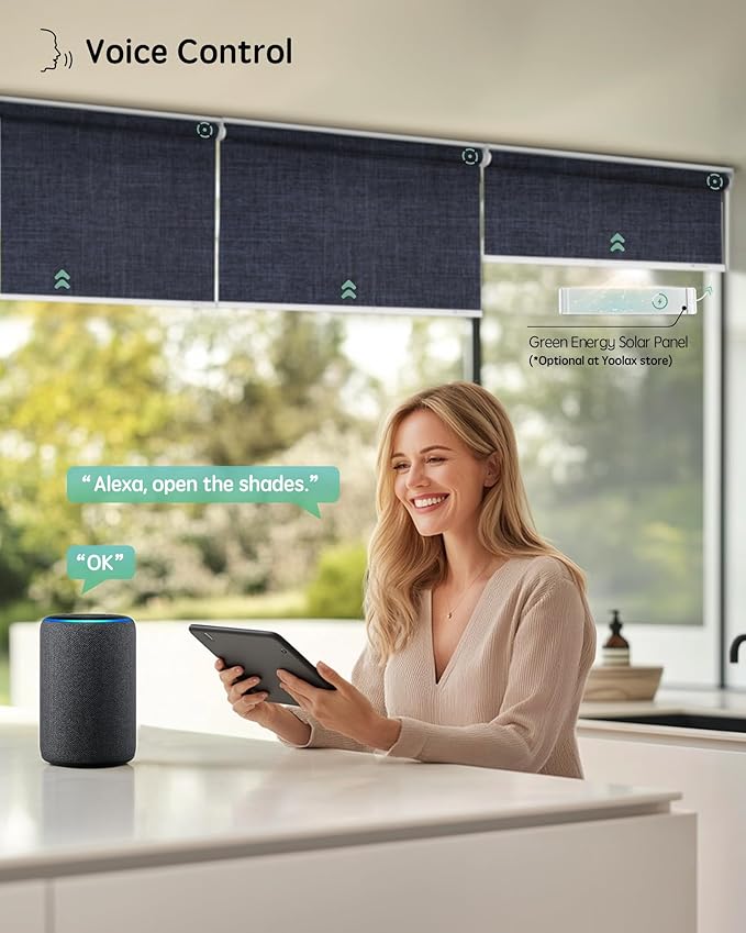 Yoolax Motorized Blinds with Remote, 100% Blackout Smart Roller Shades Work with Alexa, Google, Apple Homekit, Custom Automatic Shades with Voice Control for Bedroom Office (Fabric Navy Blue)