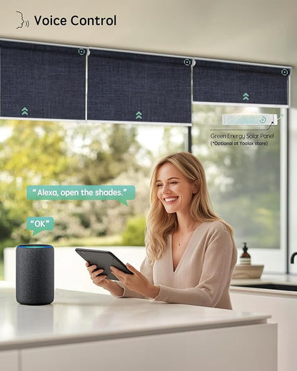 Yoolax Motorized Blinds with Remote, 100% Blackout Smart Roller Shades Work with Alexa, Google, Apple Homekit, Custom Automatic Shades with Voice Control for Bedroom Office (Fabric Navy Blue)