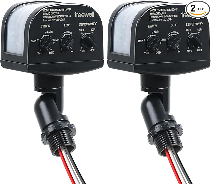 2 Pack 240-Degree Replacement Motion Sensor, Adjustable LUX(5-300) & Time & Detection Sensitivity Up to 60 Feet Range, 3 Working Modes Outdoor Motion Detector for Security Floodlight, Black