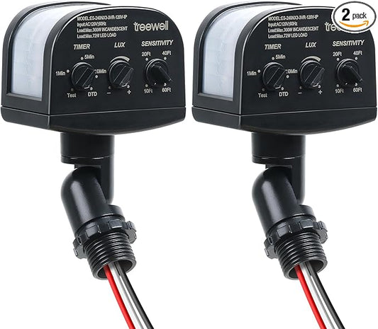 2 Pack 240-Degree Replacement Motion Sensor, Adjustable LUX(5-300) & Time & Detection Sensitivity Up to 60 Feet Range, 3 Working Modes Outdoor Motion Detector for Security Floodlight, Black