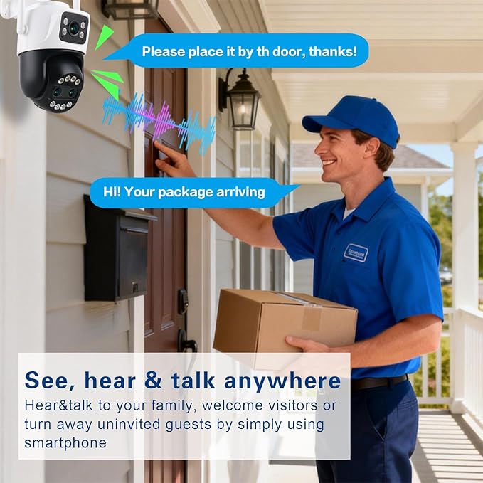 Outdoor Camera 3 Lens, 8X Hybrid Zoom WiFi Security Cameras Wired 24/7 Recording, Pan/Tilt 360°View Auto Tracking, Free AI Detection, Color Night Vision, 2 Way Audio, 32GB Local Storage