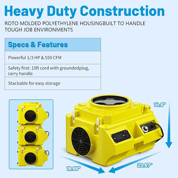 Stackable Negative Air Scrubber 550CFM, 3-Stage H13 HEPA Air Purifier with MERV10 & Carbon Filters, Heavy Duty Air Machine for Water Damage, Mold Remediation, Industrial & Commercial Use, Lemon 1PC