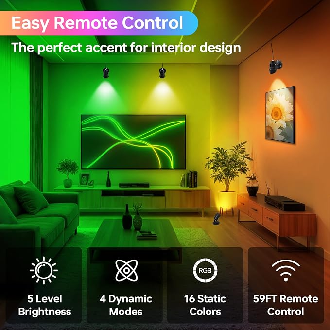 RGBW Spot Lights Indoor with Remote, Color Changing LED Accent Lighting for Wall, Bedroom, Living Room, Party & Christmas Decoration, Plug-in Spotlight with Adjustable Base, 4 Pack