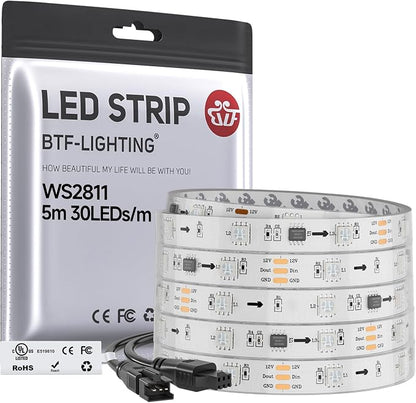 BTF-LIGHTING WS2811 Addressable RGB LED Strip 16.4FT 150LED DC12V IP67 | 50Pixels IC=RGB+IC UL Listed White PCB Flexible Chasing Effect for Indoor Home Decor(No Adapter or Controller)