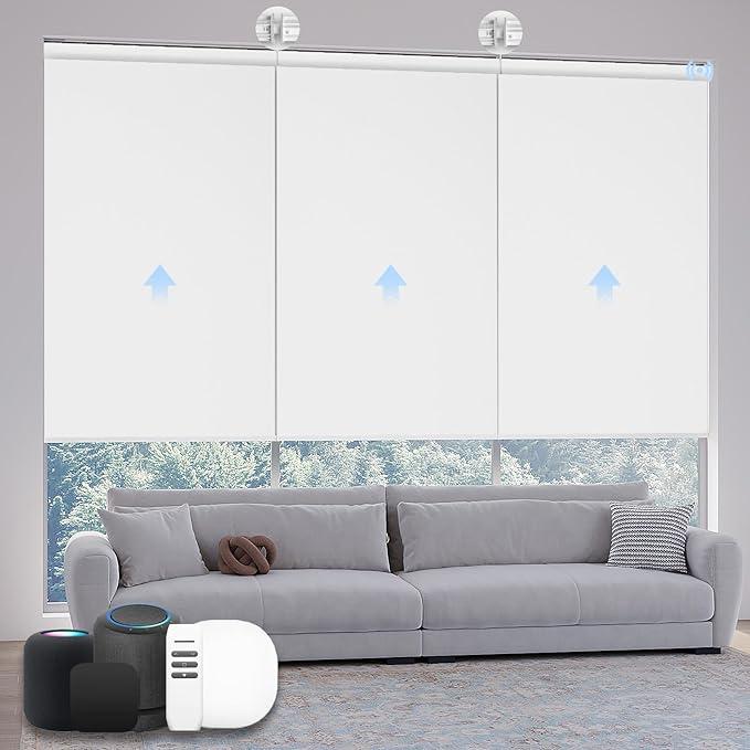 Motorized Coupled Shades, Falme Resistant Smart Solar Shades for Large Windows Automatic Blinds Compatible with Alexa, Electric Roller Blinds Customized for Home Office(1% Openness White)
