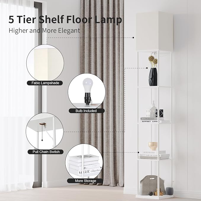 SUNMORY 5 Tier Floor Lamp with Shelves, Standing Lamps for Living Room