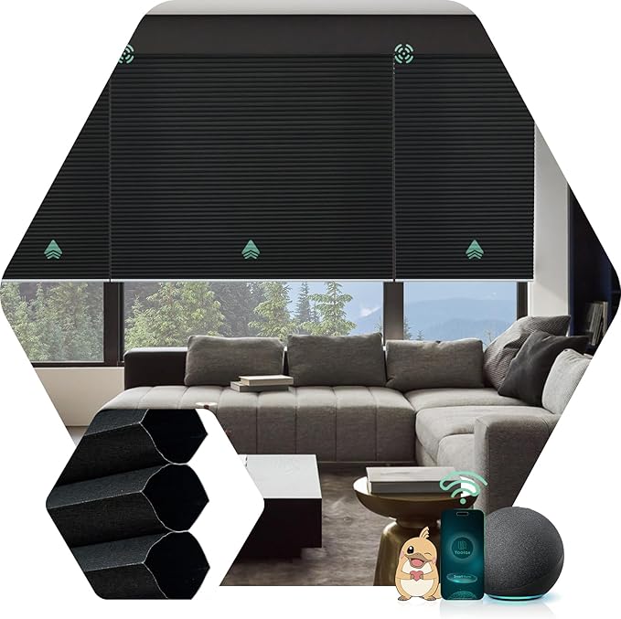 Yoolax Motorized Cellular Shades Compatible with Alexa, Blackout Motorized Blinds with Remote Smart Honeycomb Shades for Indoor Windows, Automatic Blinds Custom Size (Noir)