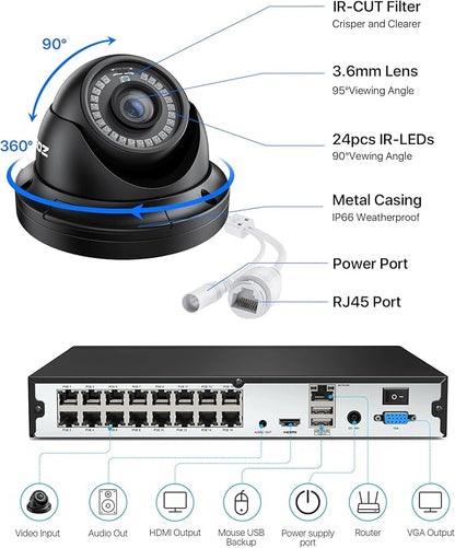 ZOSI H.265+ 4K 16CH PoE Security Camera System, 12 X Wired 5MP (3K) Dome PoE IP Cameras Outdoor Indoor, 16CH NVR with 4TB HDD for 24/7 Recording, 80ft Night Vision, Motion Detection, Remote Access
