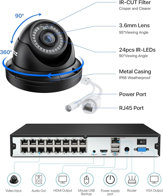 ZOSI H.265+ 4K 16CH PoE Security Camera System, 16 X Wired 5MP (3K) Dome PoE IP Cameras Outdoor Indoor, 16CH NVR with 4TB HDD for 24/7 Recording, 80ft Night Vision, Motion Detection, Remote Access